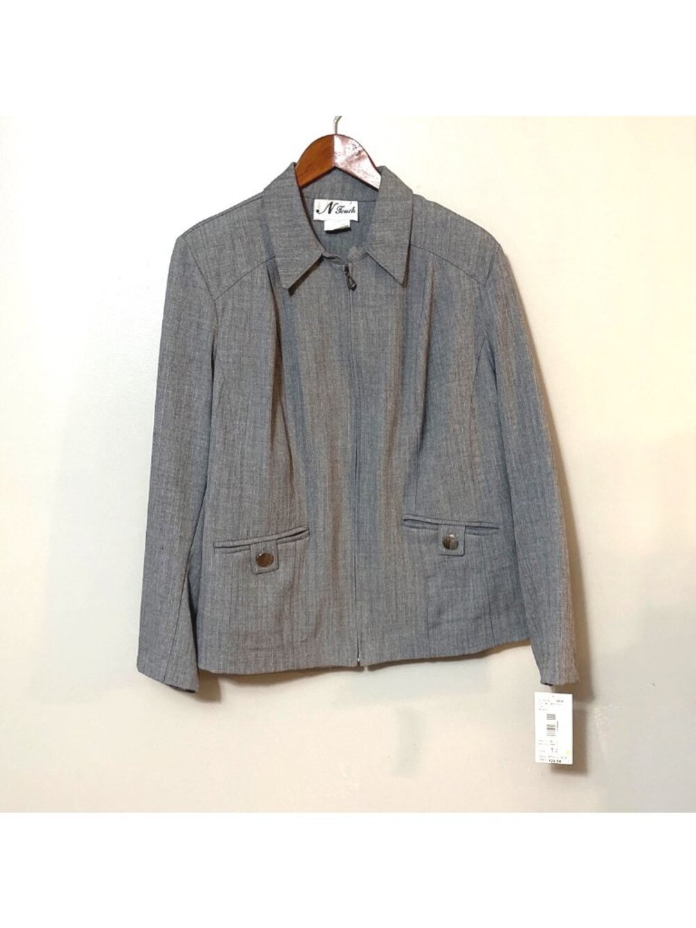 Womens‎ Gray Herringbone Blazer Jacket Size 12 Polyester/Spandex By N Touch